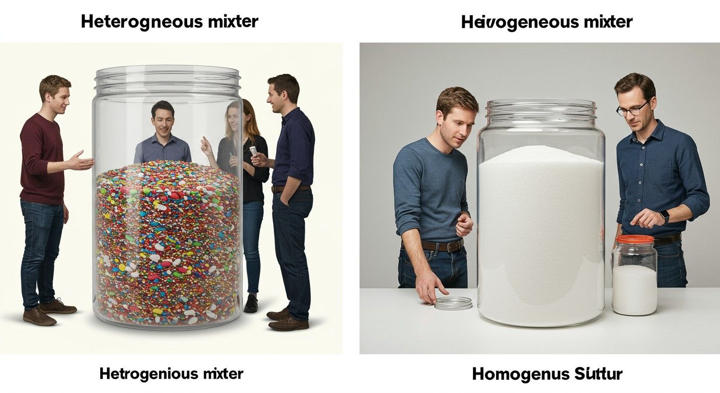 A homogén elegyekben egységes összetevők találhatók, míg heterogénekben nem.
