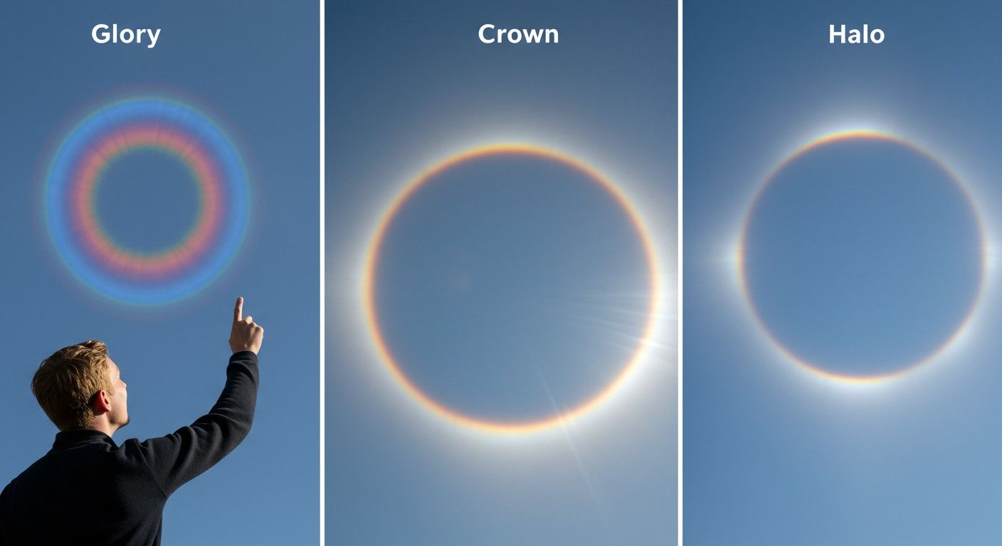 A glória kör alakú, míg a korona karéjos fényjelenség.
