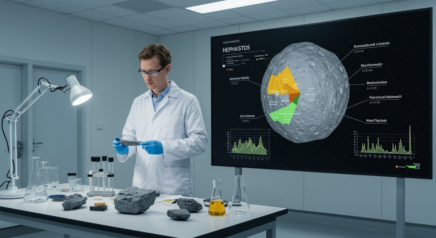 Hephaistos szilárd, fémes összetételű, komplex geológiai struktúrájú.