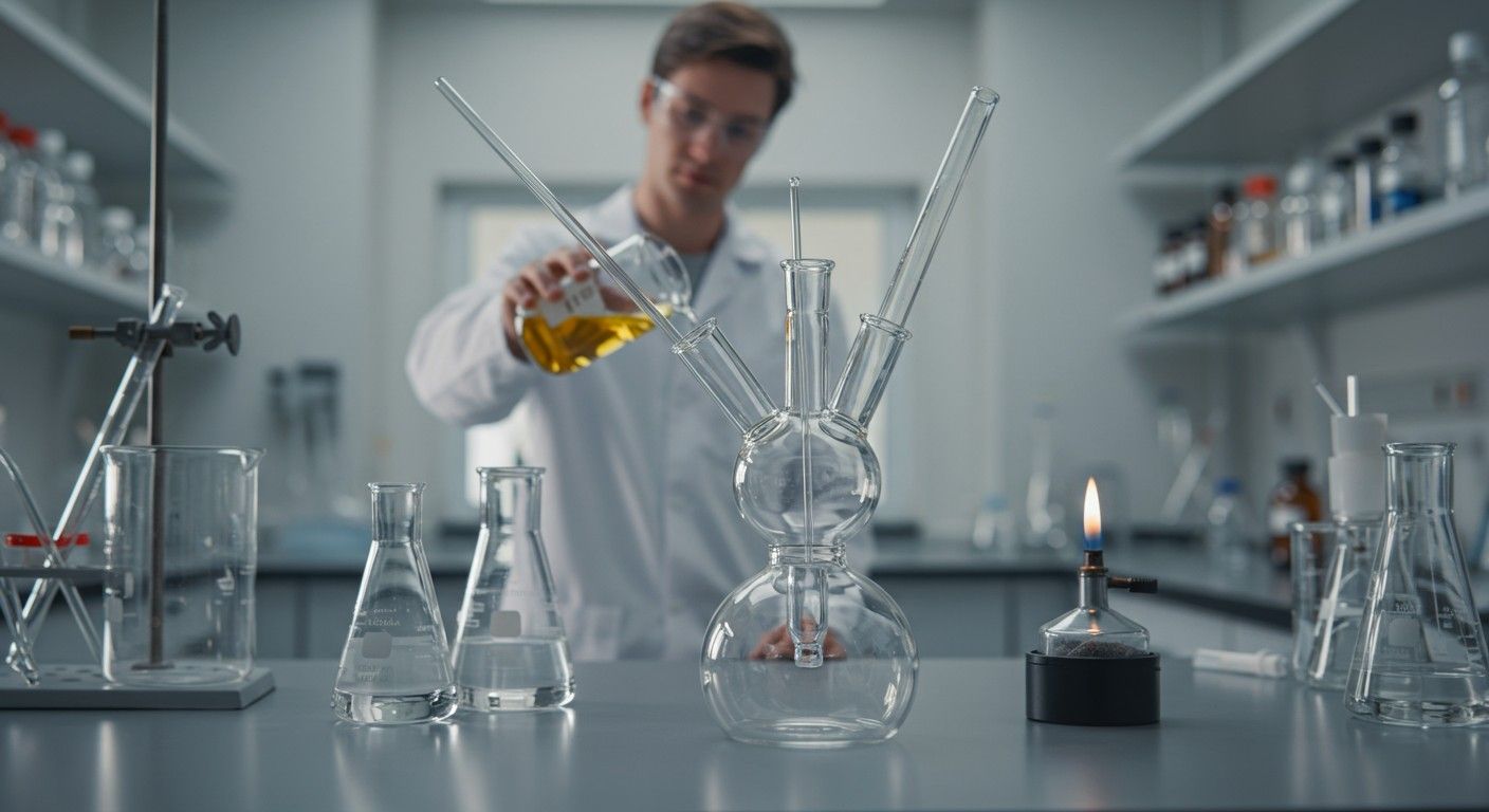 A háromnyakú lombik ideális folyadékkeverésre és titrálásra.