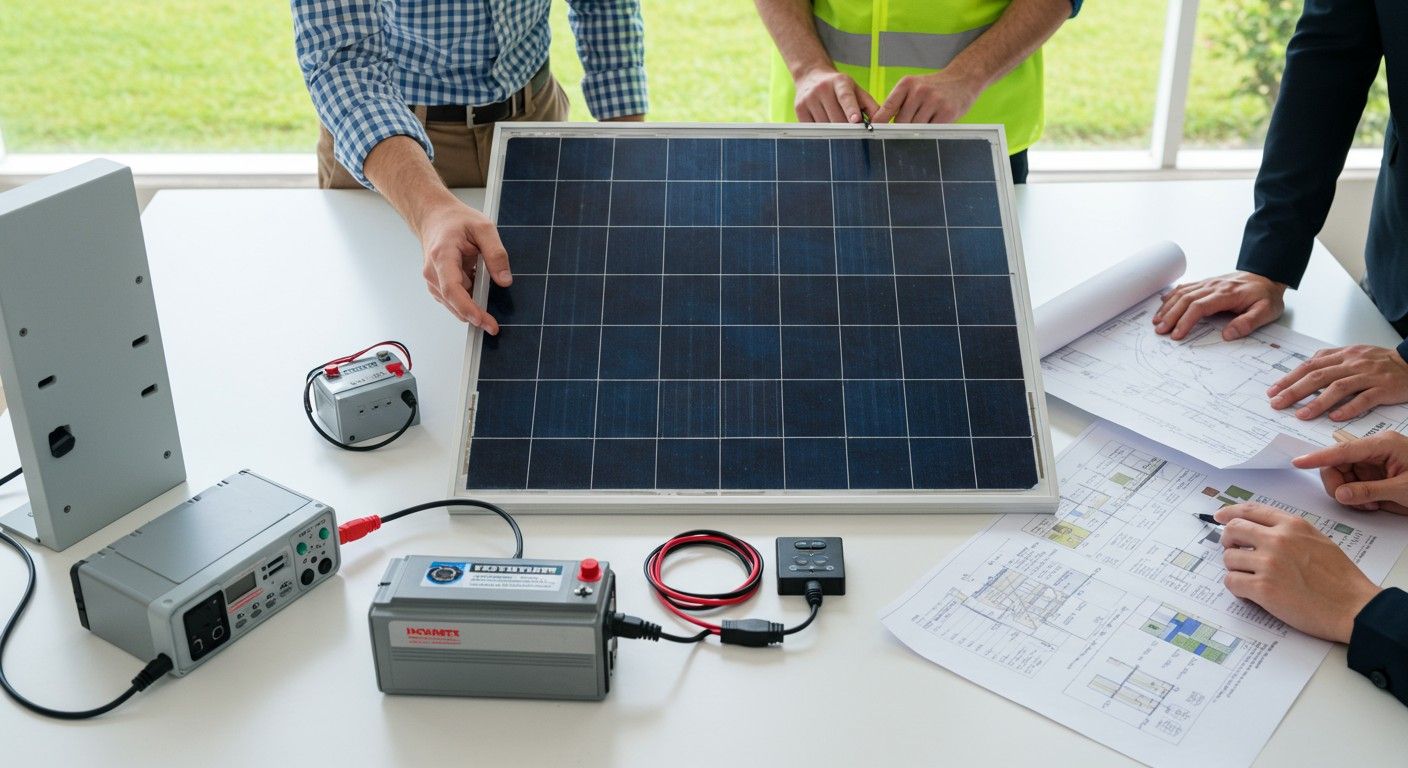 A napelemes rendszer főbb részei: napelem, inverter, akkumulátor.