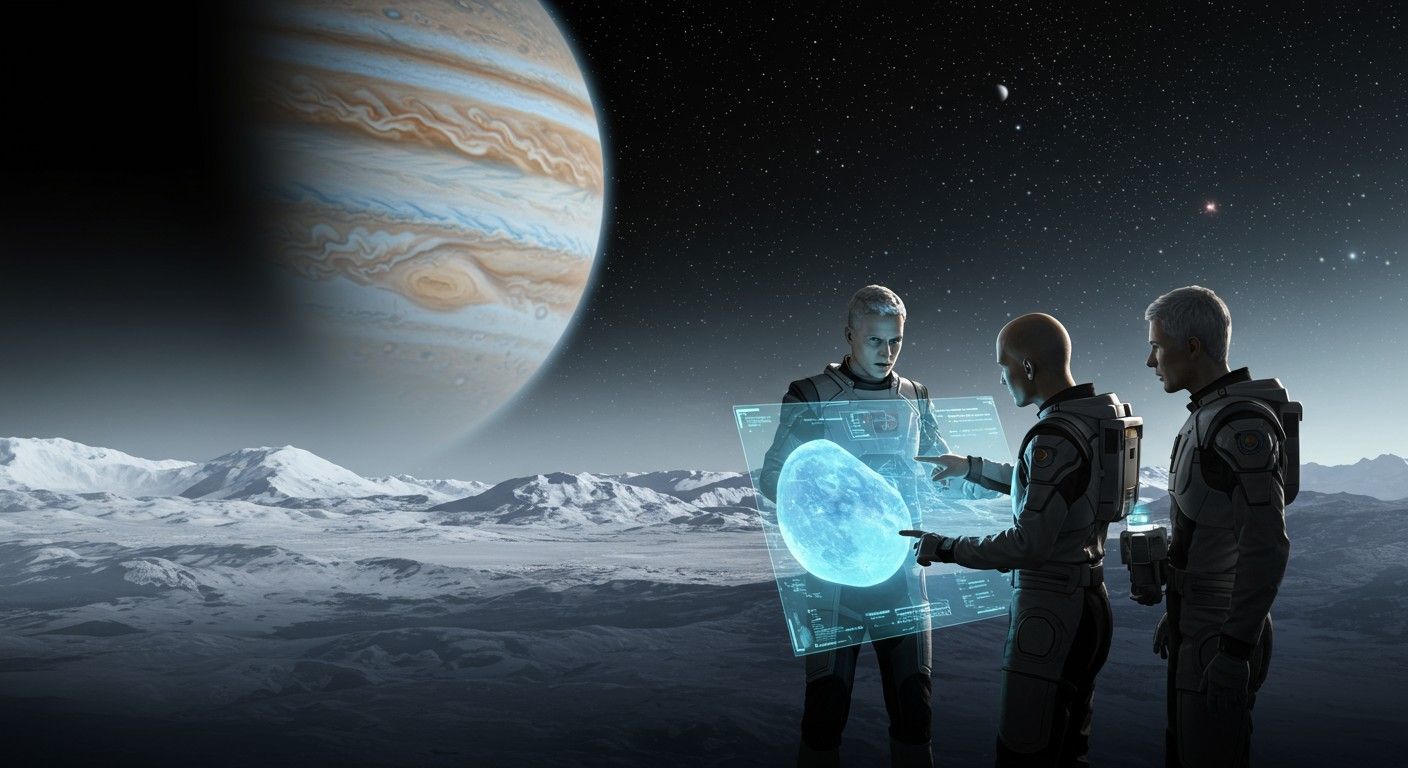 Lysithea felszíne gazdag kráterekben, égi látnivalók sokaságával.