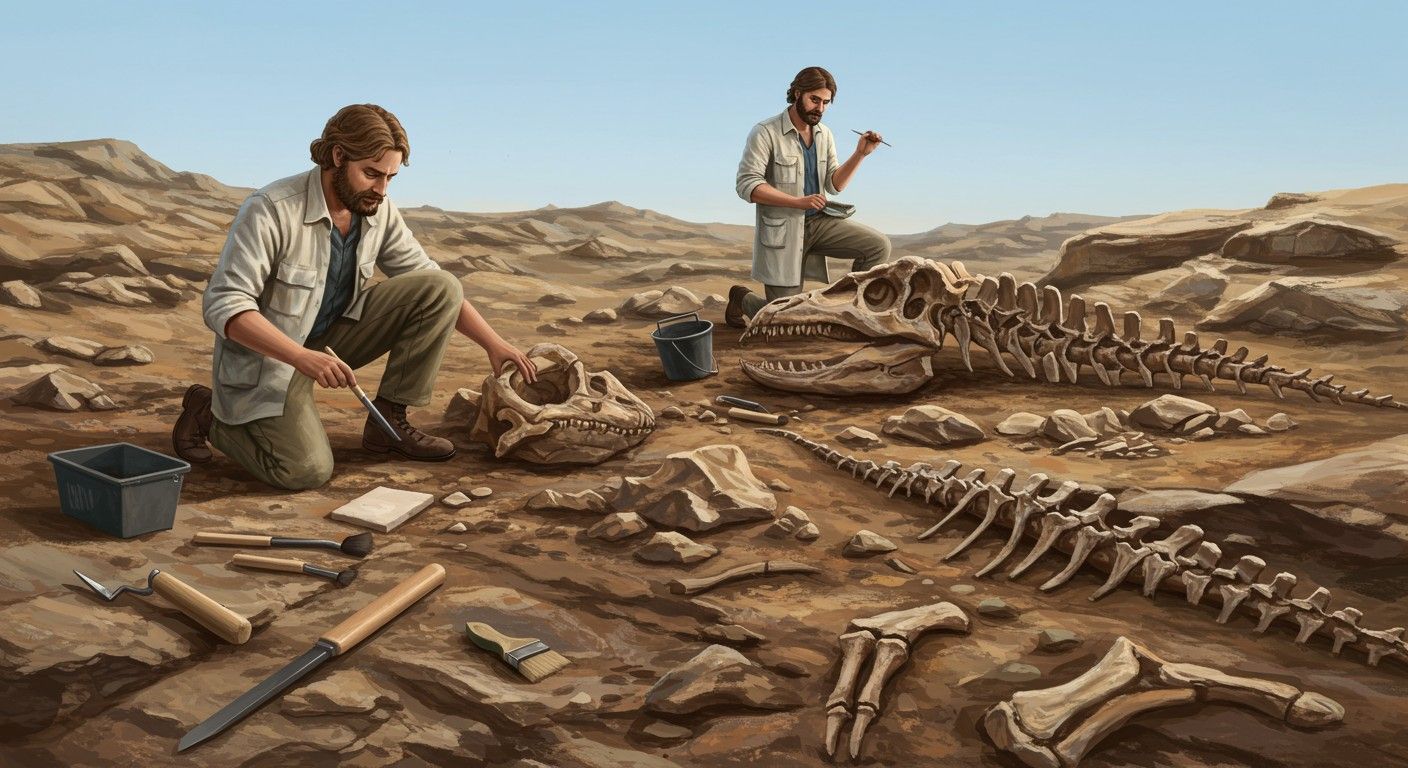 A paleontológiában a fosszíliák és ősi ökoszisztémák tanulmányozása zajlik.