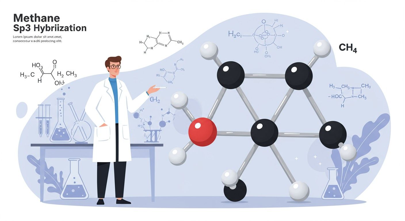A metán tetraéderes szerkezete sp3 hibridizációt mutat.