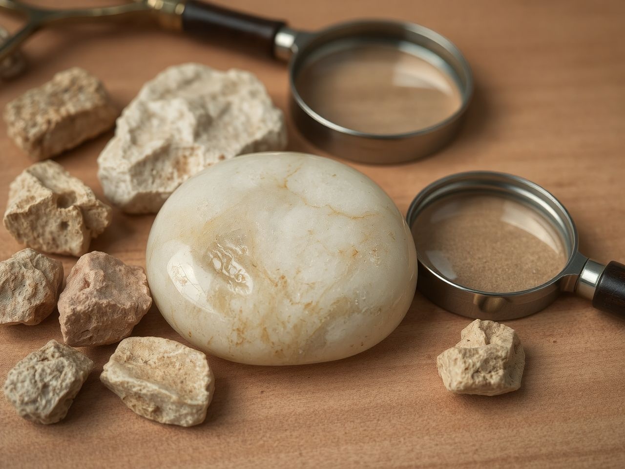 A tajtékkő felismerése áttetsző, gyöngyházfényű megjelenés alapján történik.