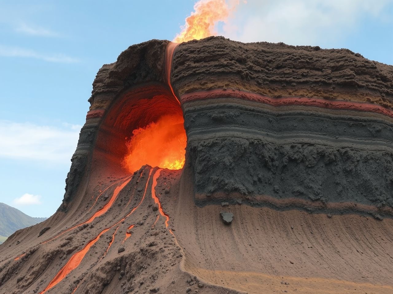 A magma nyomása áttöri a földkéreg rétegeit, kitörést okozva.